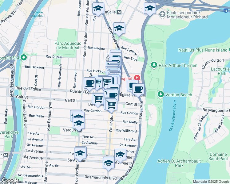 map of restaurants, bars, coffee shops, grocery stores, and more near 3972 Rue Wellington in Montréal