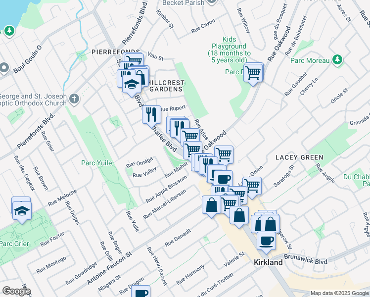 map of restaurants, bars, coffee shops, grocery stores, and more near 4531 Boulevard Saint-Charles in Montréal