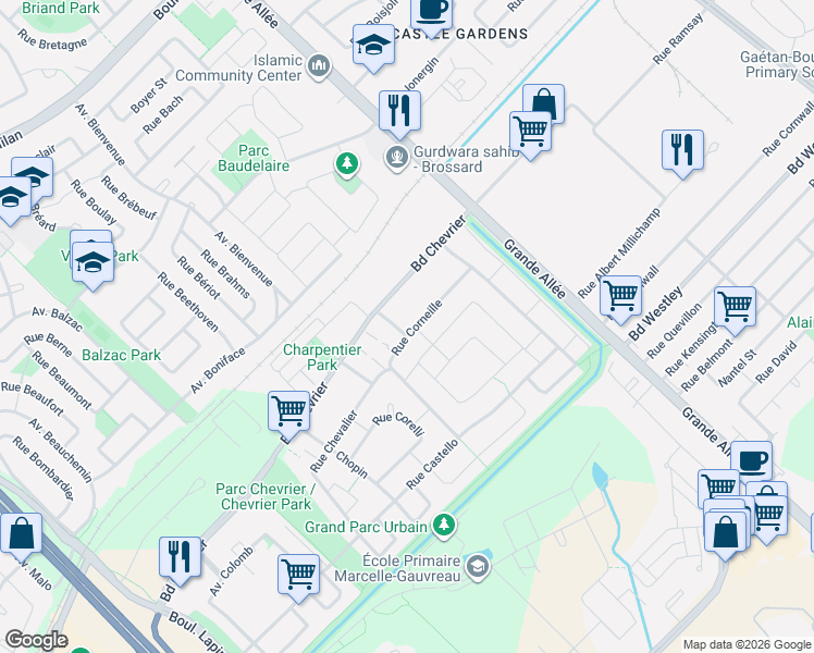 map of restaurants, bars, coffee shops, grocery stores, and more near 5860 Rue Corneille in Brossard