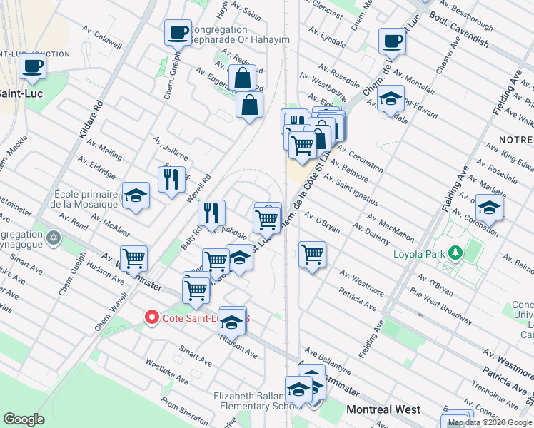 map of restaurants, bars, coffee shops, grocery stores, and more near 5501 Avenue Adalbert in Côte Saint-Luc