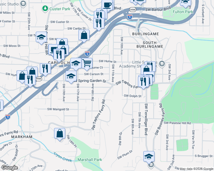 map of restaurants, bars, coffee shops, grocery stores, and more near 1215 Southwest Freeman Street in Portland