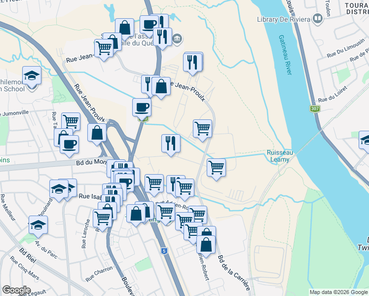 map of restaurants, bars, coffee shops, grocery stores, and more near 203 Rue Deveault in Gatineau