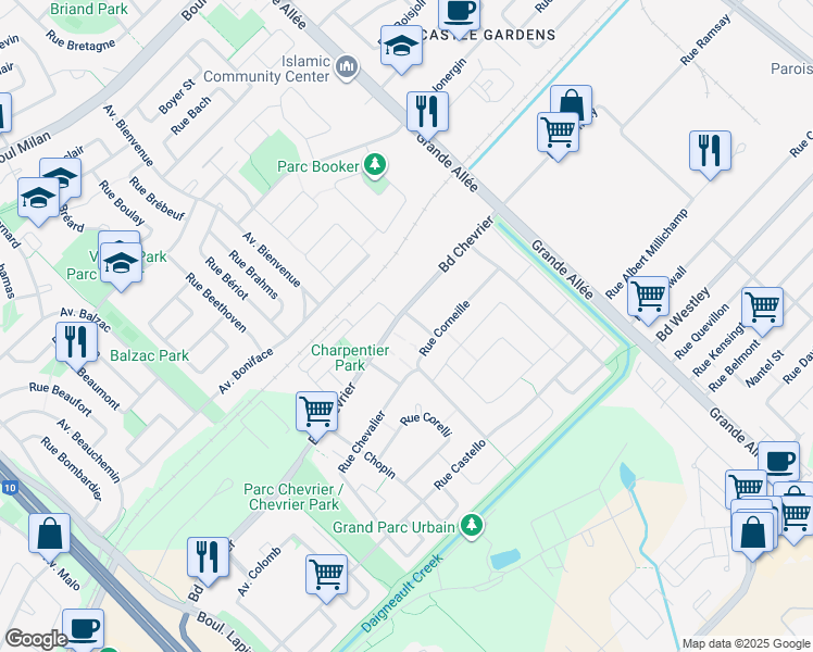 map of restaurants, bars, coffee shops, grocery stores, and more near 6405 Rue Corbière in Brossard