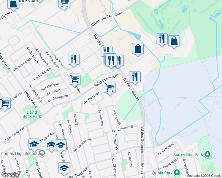 map of restaurants, bars, coffee shops, grocery stores, and more near 59 Avenue Ponner in Pointe-Claire