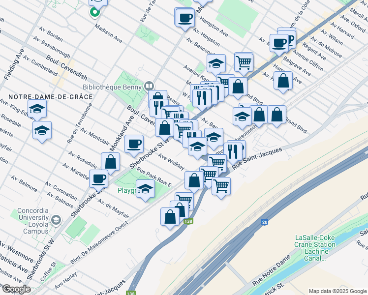 map of restaurants, bars, coffee shops, grocery stores, and more near 3300 Boulevard Cavendish in Montrã©Al