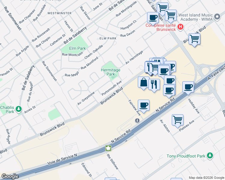 map of restaurants, bars, coffee shops, grocery stores, and more near 50 Avenue de Portsmouth in Pointe-Claire