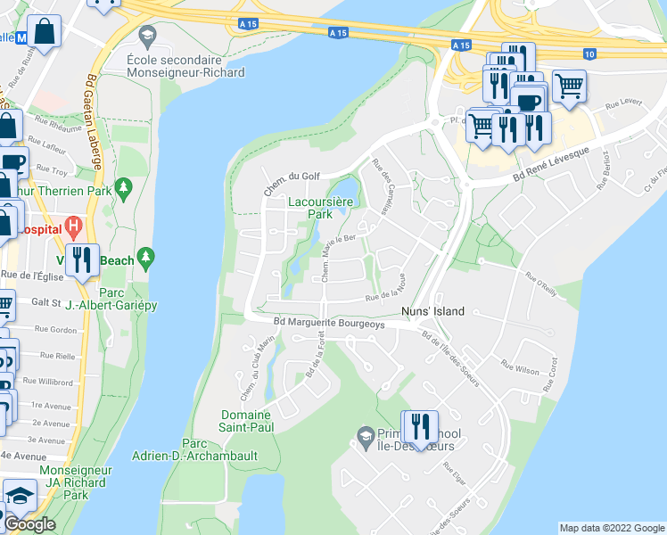 map of restaurants, bars, coffee shops, grocery stores, and more near 651 Rue de la Métairie in Montréal