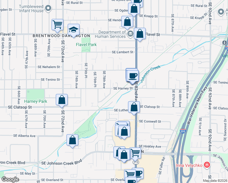 map of restaurants, bars, coffee shops, grocery stores, and more near 7912 Southeast Harney Street in Portland