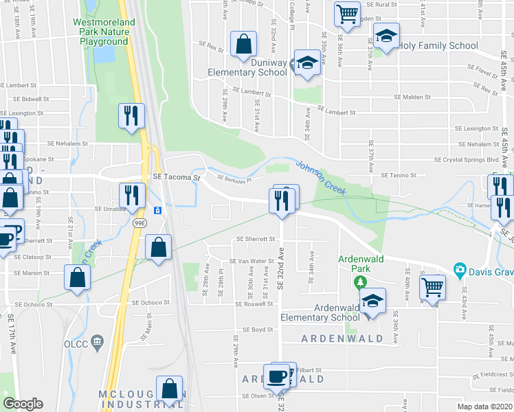 map of restaurants, bars, coffee shops, grocery stores, and more near 3043 Southeast Tacoma Street in Portland