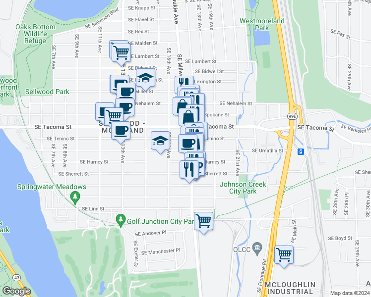 map of restaurants, bars, coffee shops, grocery stores, and more near 8145 Southeast 17th Avenue in Portland