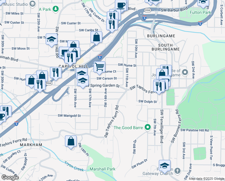 map of restaurants, bars, coffee shops, grocery stores, and more near 1322 Southwest Spring Garden Street in Portland