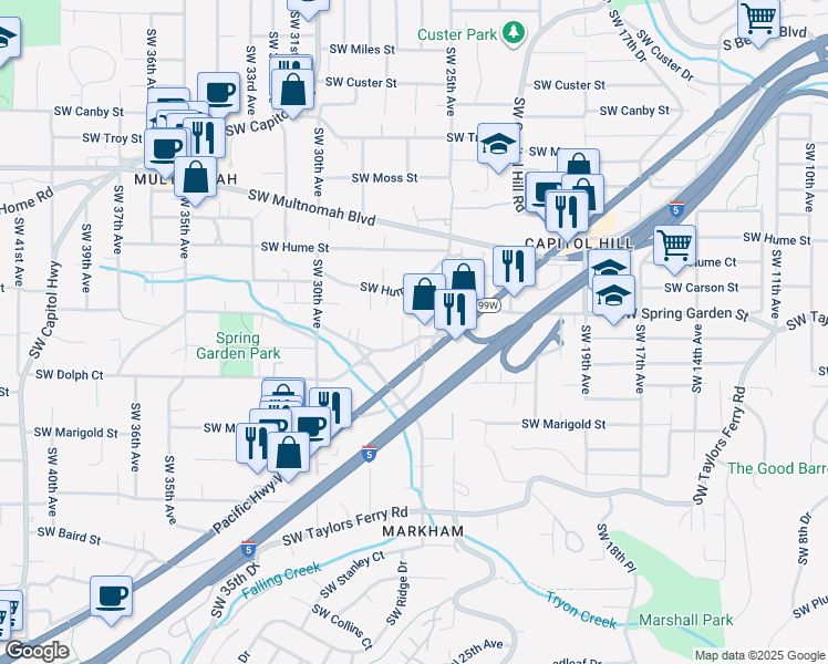 map of restaurants, bars, coffee shops, grocery stores, and more near 2676 Southwest Hume Court in Portland