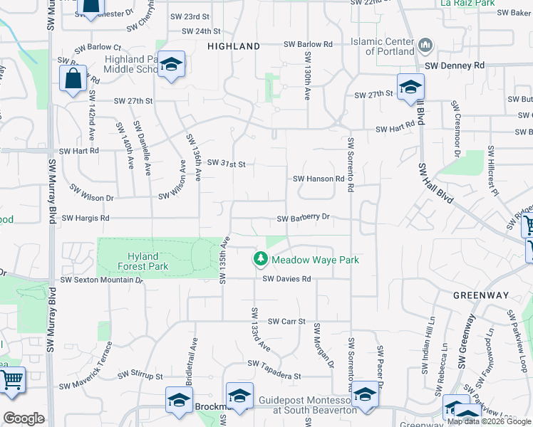 map of restaurants, bars, coffee shops, grocery stores, and more near 13180 Southwest Hanson Road in Beaverton