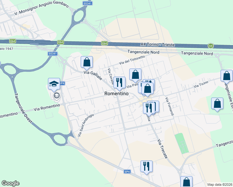 map of restaurants, bars, coffee shops, grocery stores, and more near in Romentino