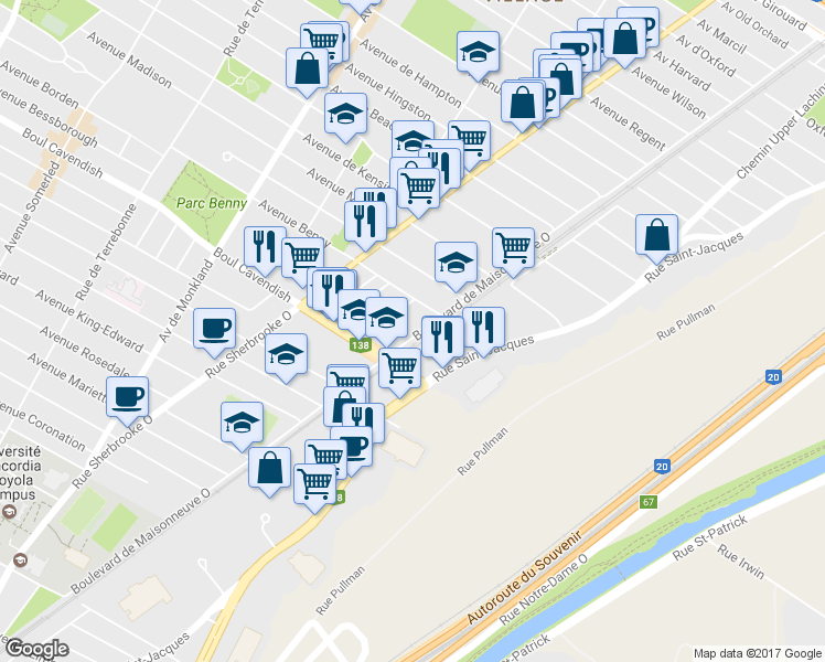 map of restaurants, bars, coffee shops, grocery stores, and more near 6431 Boulevard De Maisonneuve Ouest in Montreal