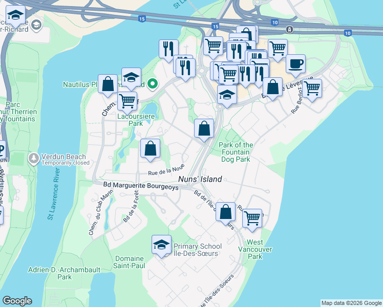 map of restaurants, bars, coffee shops, grocery stores, and more near 755 Rue de la Noue in Montréal