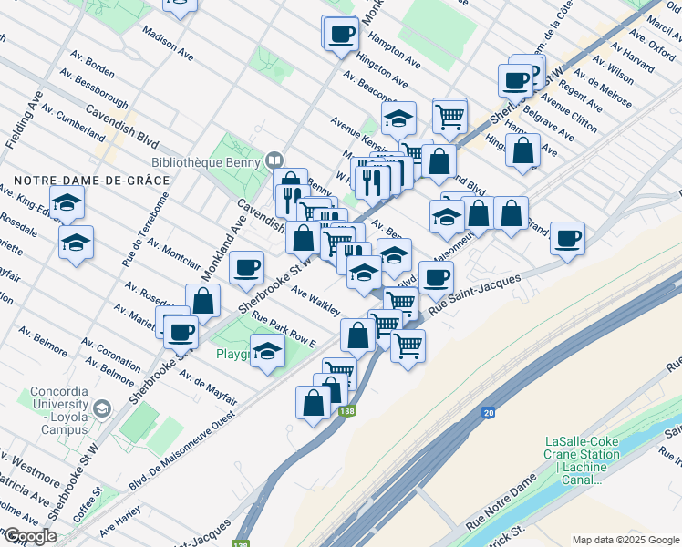map of restaurants, bars, coffee shops, grocery stores, and more near 3300 Boulevard Cavendish in Montréal
