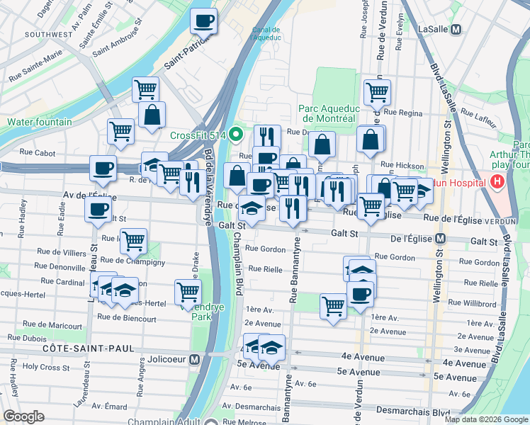 map of restaurants, bars, coffee shops, grocery stores, and more near 4080 Rue Cool in Montréal