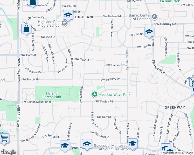 map of restaurants, bars, coffee shops, grocery stores, and more near 13180 Southwest Hanson Road in Beaverton