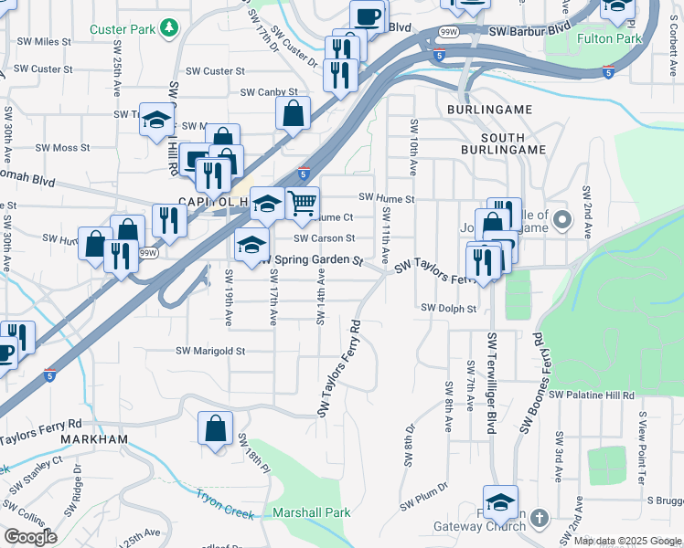 map of restaurants, bars, coffee shops, grocery stores, and more near 1322 Southwest Spring Garden Street in Portland