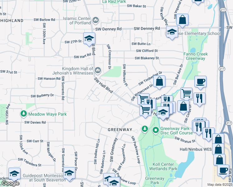 map of restaurants, bars, coffee shops, grocery stores, and more near 7860 Southwest Hall Boulevard in Beaverton