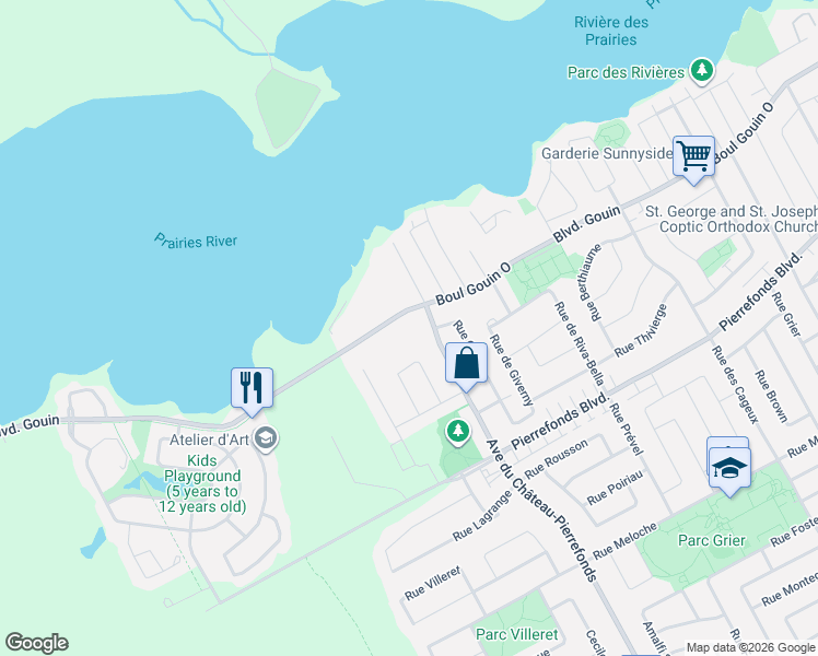 map of restaurants, bars, coffee shops, grocery stores, and more near 18400 Boulevard Gouin Ouest in Montréal