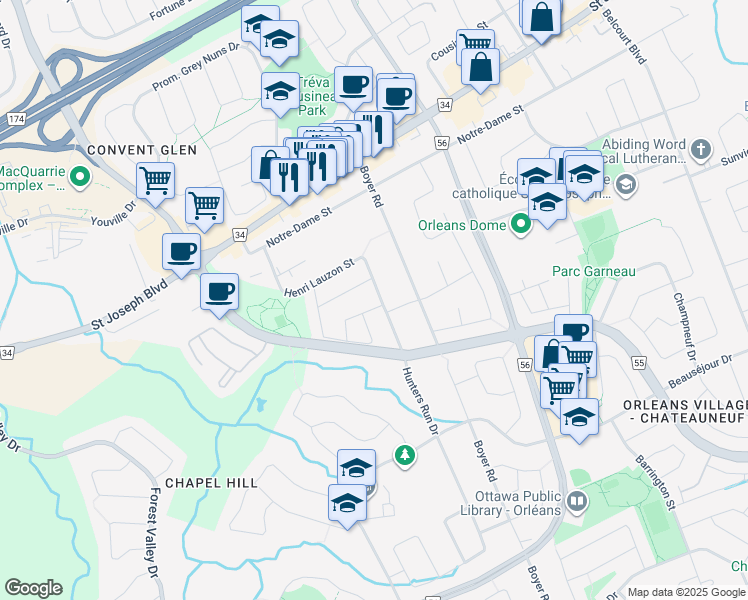 map of restaurants, bars, coffee shops, grocery stores, and more near 1592 Henri Lauzon Street in Ottawa