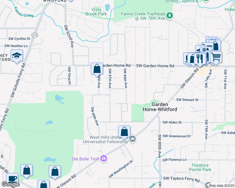 map of restaurants, bars, coffee shops, grocery stores, and more near 8550 Southwest Garden Lane in Portland