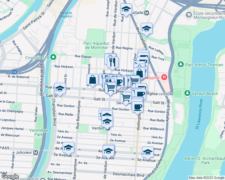 map of restaurants, bars, coffee shops, grocery stores, and more near 543 Rue de l'Église in Montréal