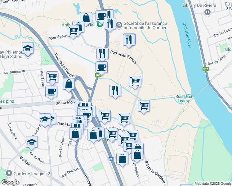 map of restaurants, bars, coffee shops, grocery stores, and more near 171 Rue Deveault in Gatineau
