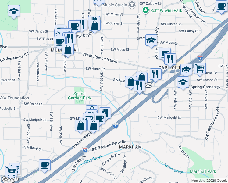 map of restaurants, bars, coffee shops, grocery stores, and more near 2819 Southwest Spring Garden Street in Portland