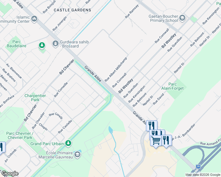 map of restaurants, bars, coffee shops, grocery stores, and more near 6925 Rue du Chardonneret in Brossard