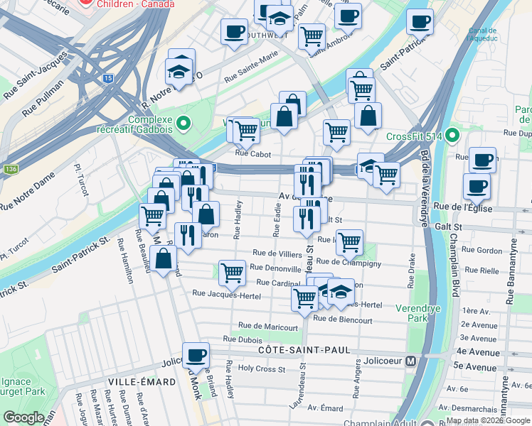 map of restaurants, bars, coffee shops, grocery stores, and more near 2011 Rue Galt in Montréal