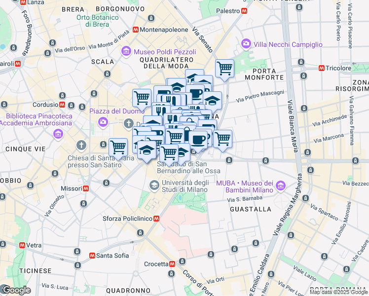 map of restaurants, bars, coffee shops, grocery stores, and more near 11 Via Verziere in Milano