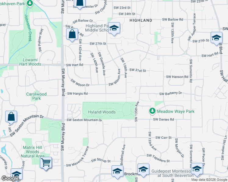 map of restaurants, bars, coffee shops, grocery stores, and more near 13795 Southwest Hargis Road in Beaverton