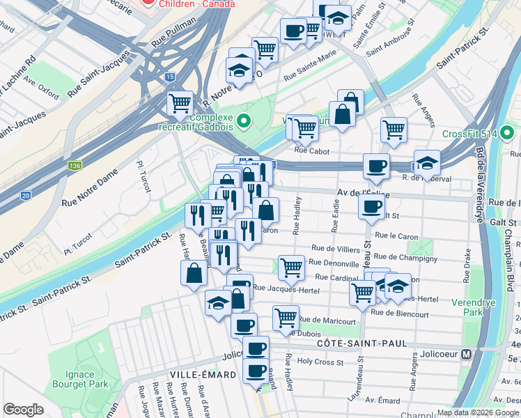 map of restaurants, bars, coffee shops, grocery stores, and more near in Montreal