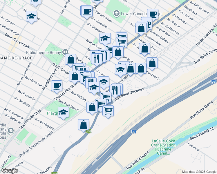 map of restaurants, bars, coffee shops, grocery stores, and more near 6431 Boulevard De Maisonneuve Ouest in Montreal