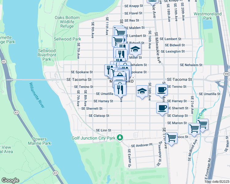 map of restaurants, bars, coffee shops, grocery stores, and more near 1147 Southeast Umatilla Street in Portland