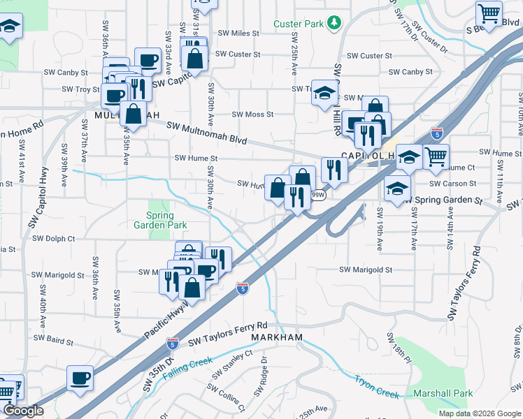 map of restaurants, bars, coffee shops, grocery stores, and more near 2676 Southwest Hume Court in Portland