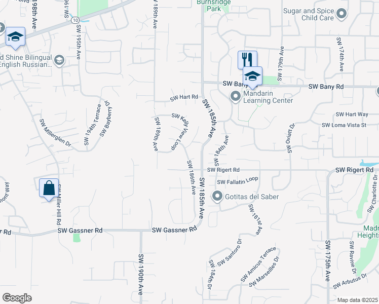 map of restaurants, bars, coffee shops, grocery stores, and more near 18558 Southwest Mandy Court in Beaverton