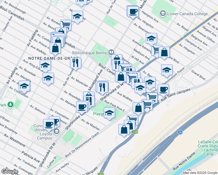 map of restaurants, bars, coffee shops, grocery stores, and more near 3423 Avenue Walkley in Montréal