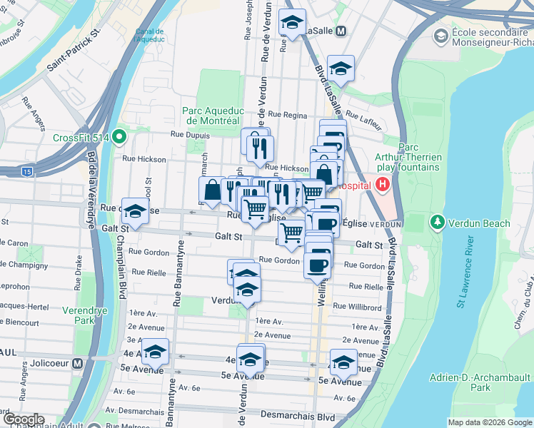 map of restaurants, bars, coffee shops, grocery stores, and more near 517 Rue de l'Église in Montréal