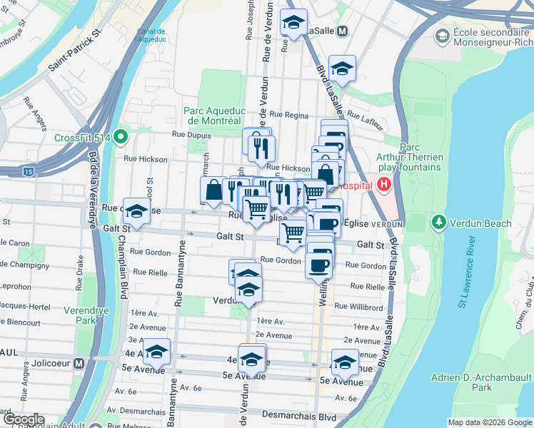 map of restaurants, bars, coffee shops, grocery stores, and more near 521 Rue de l'Église in Montréal