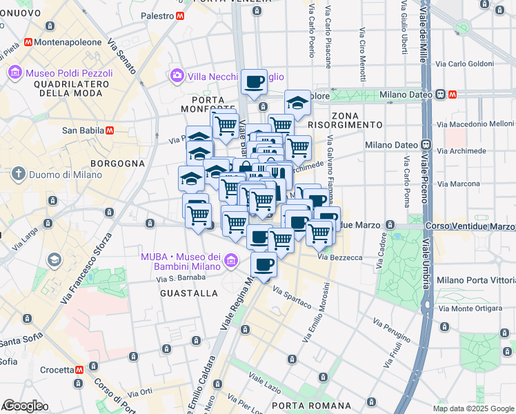 map of restaurants, bars, coffee shops, grocery stores, and more near 2 Viale Bianca Maria in Milano
