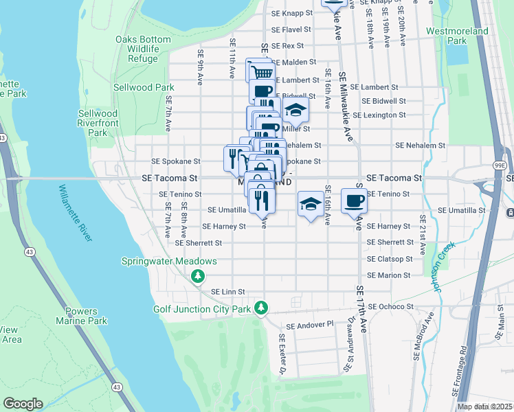 map of restaurants, bars, coffee shops, grocery stores, and more near in Portland