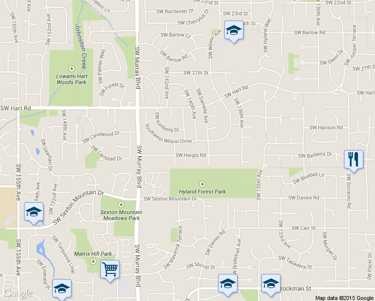 map of restaurants, bars, coffee shops, grocery stores, and more near 14095 Southwest Hargis Road in Beaverton