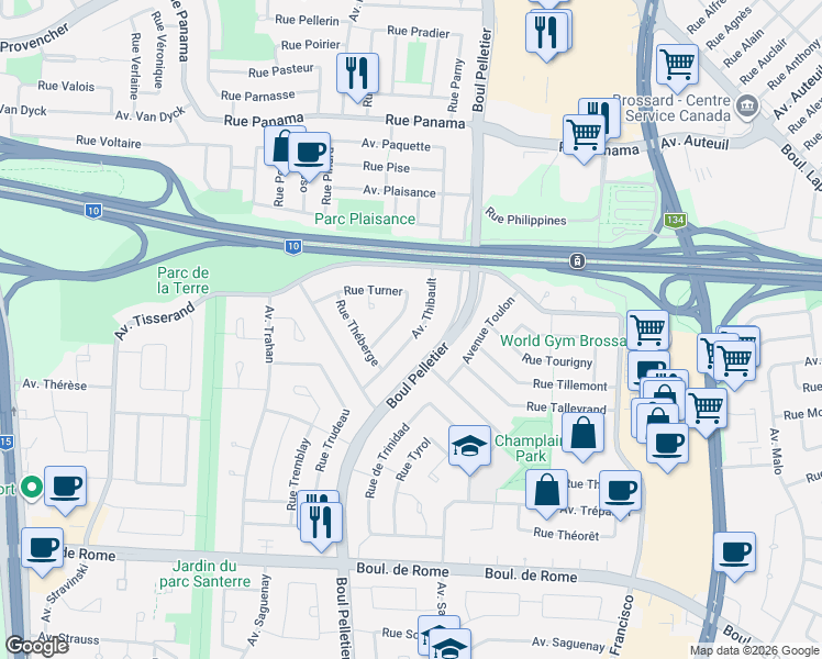 map of restaurants, bars, coffee shops, grocery stores, and more near 7420 Avenue Thibault in Brossard