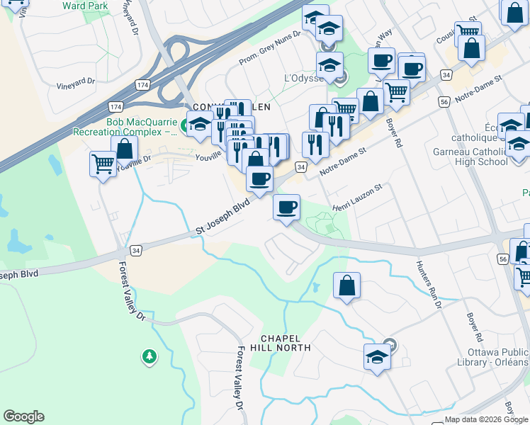 map of restaurants, bars, coffee shops, grocery stores, and more near 1940 Saint Joseph Boulevard in Ottawa