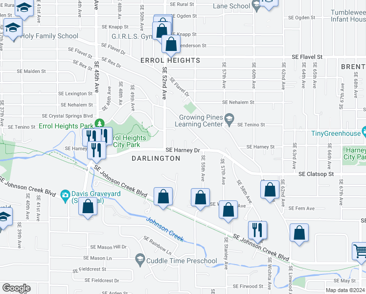 map of restaurants, bars, coffee shops, grocery stores, and more near 5317 Southeast Harney Drive in Portland