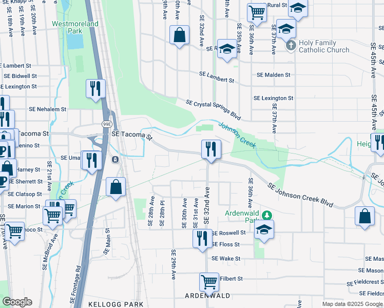 map of restaurants, bars, coffee shops, grocery stores, and more near 3043 Southeast Tacoma Street in Portland